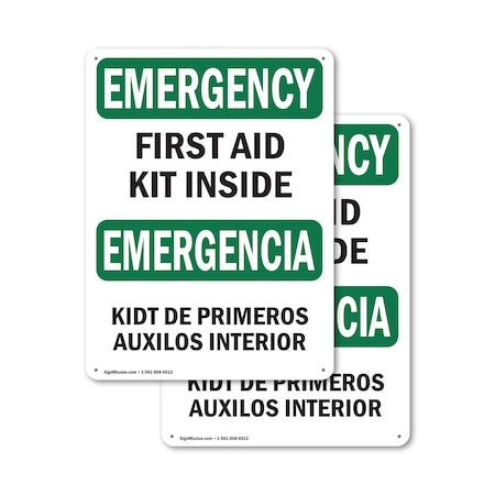 Signmission First Aid Kit Inside Bilingual, 12 in W x Rectangle, Aluminum OS-2PACK-EM-A-1218-L-10321